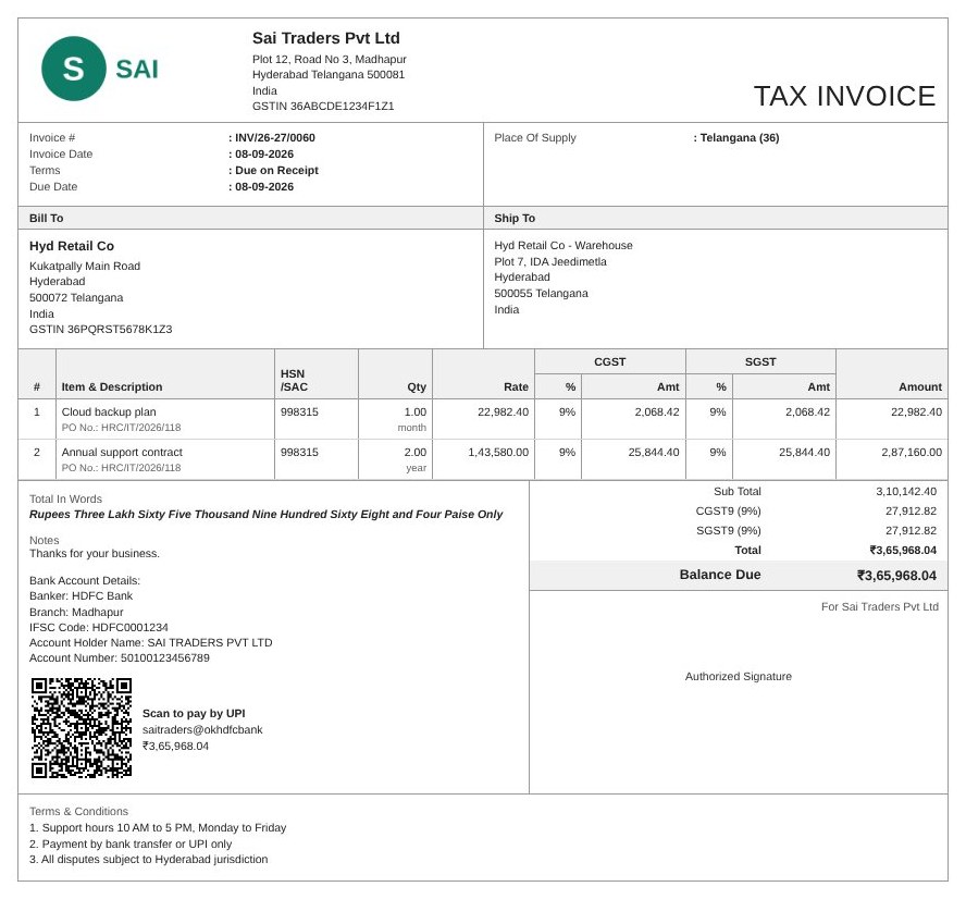 A GST tax invoice made with GSTable showing CGST, SGST, total in words and a UPI QR code